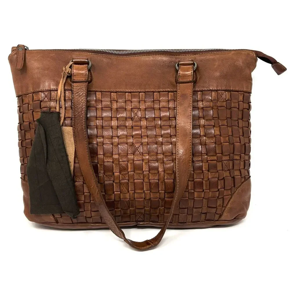 Vilenca Holland Laptop Shoulder Tote Bag Distressed Leather Brown Cognac NWT